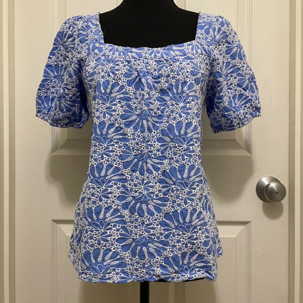 LOFT Eyelet Puff Sleeve Top Blue White Square Neck Shirt Cottage Coquette Small